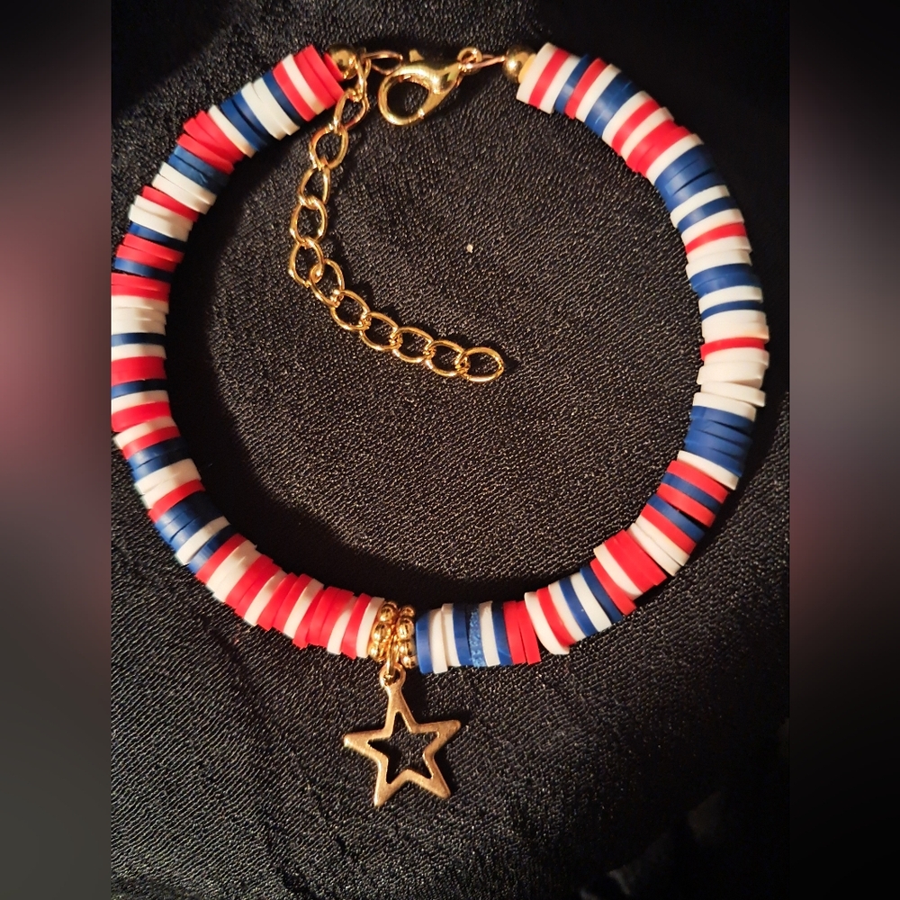 Handmade Red, White, and Blue Clay Beaded Bracelet with Star, Memory Wire